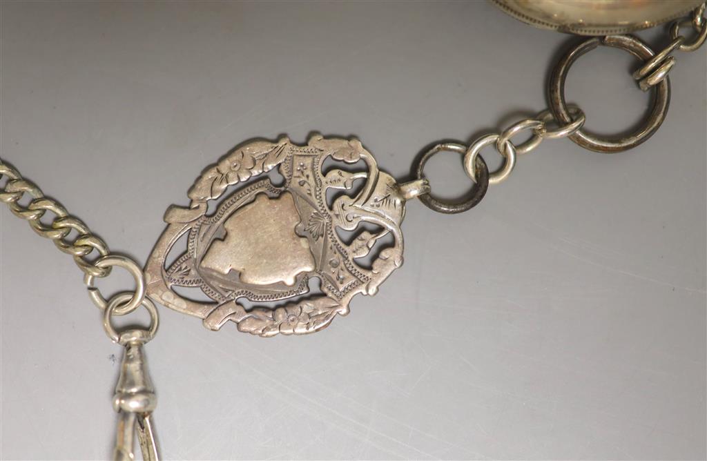 A Victorian silver pair cased keywind verge pocket watch, 2 others and two chains.
